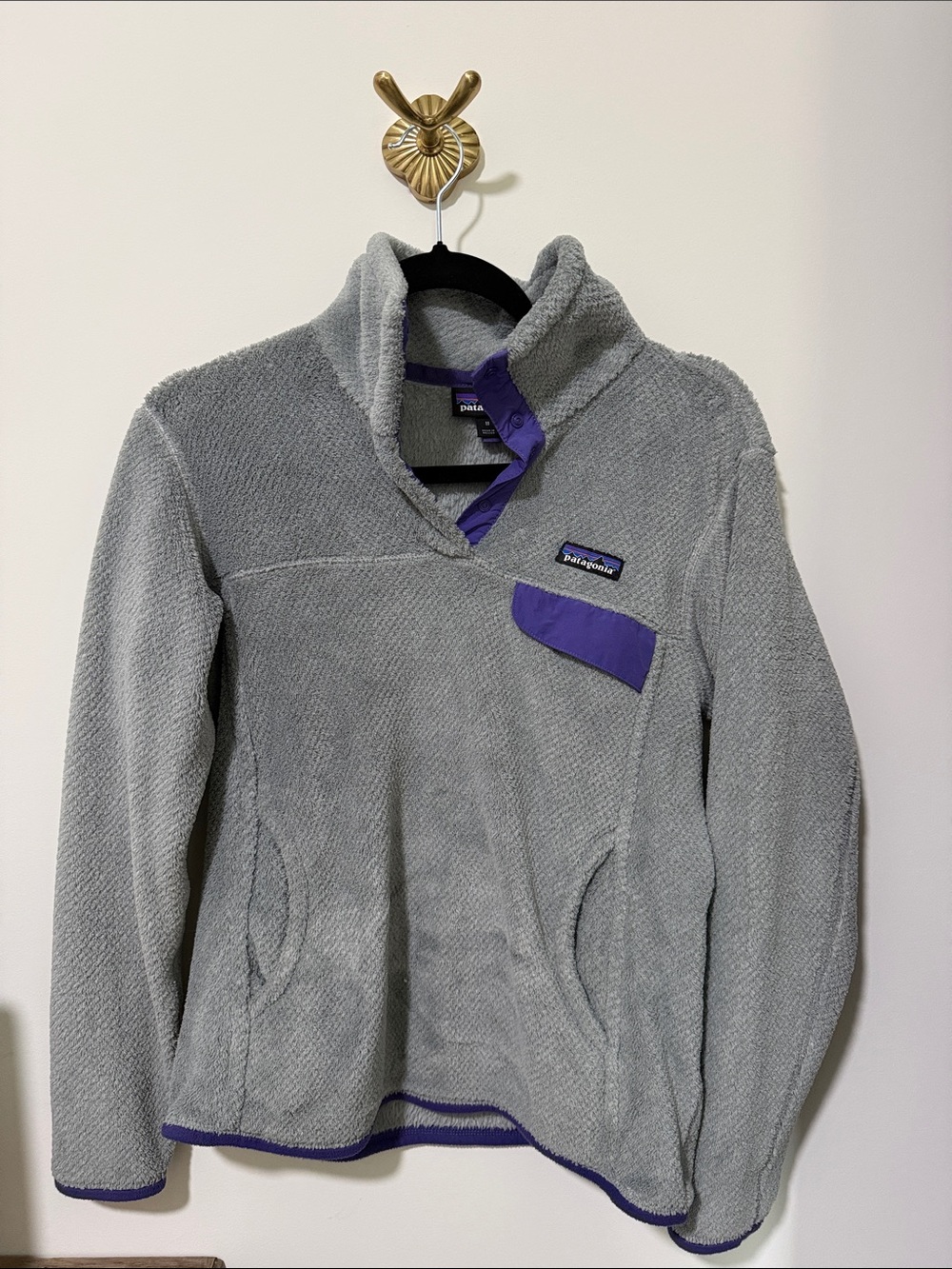 Patagonia Gray Fleece Pullover with Purple Trim